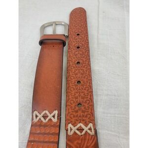 VTG Stamped Tooled Laser Cut Patchwork Laced Leather Belt 70s Boho Western Sz XL
